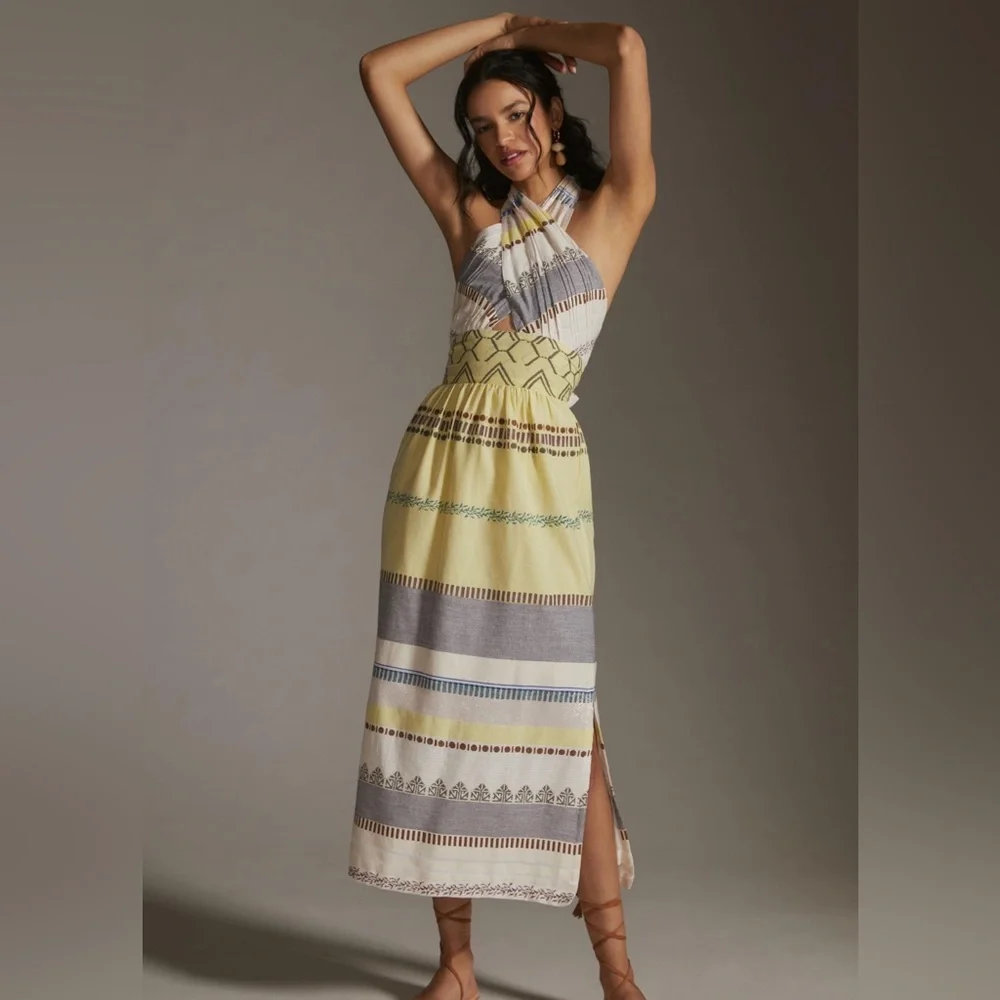 Anthropologie Yellow, Gray & Cream Striped Maxi Dress - Picture 2 of 4